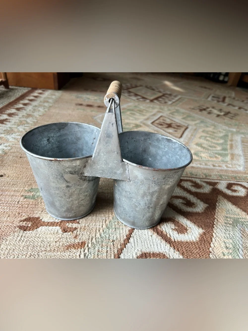 Vintage Galvanized Double Bucket Caddy with Wooden Handle - Silver